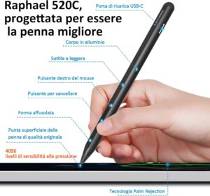 RENAISSER Raphael 520C Penna Stilo per Surface, Ricarica USB-C, Made in Nero - immagine 8